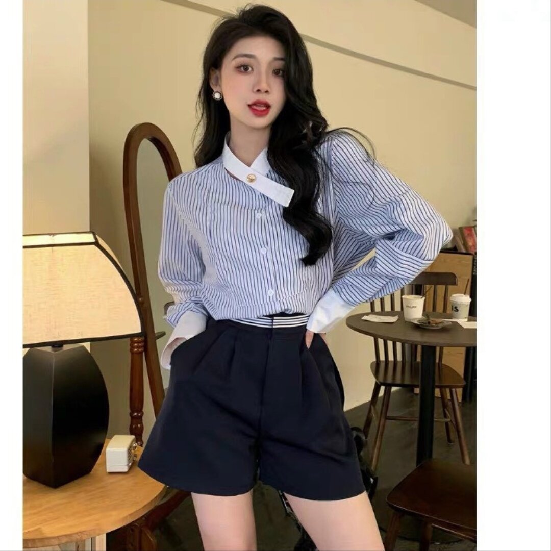 áo sơ mi kẻ sọc cổ tàu hàn quốc