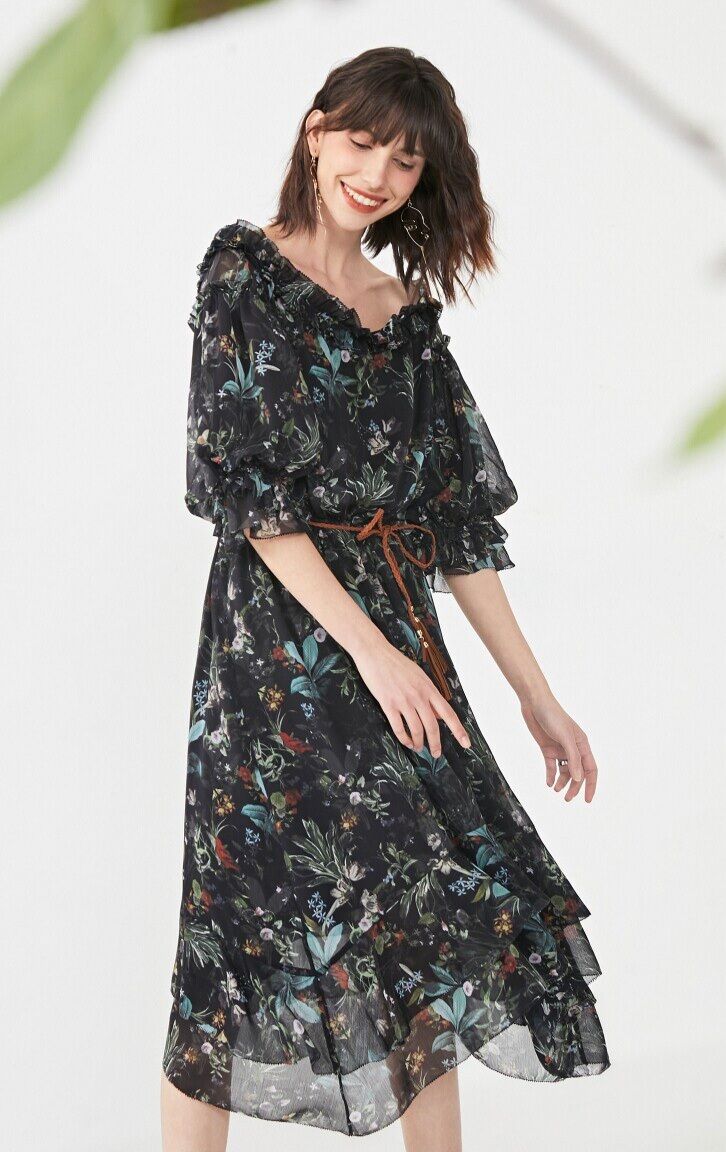 [Size S-M-L] Vero Moda Đầm hoa maxi trễ vai kèm dây thắt nơ eo