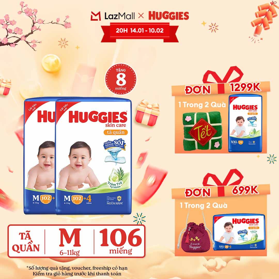 [CHỈ 15.01-10.02 GIẢM THÊM 90K] Combo 2 Gói Tã/bỉm quần HUGGIES SKINCARE MEGA JUMBO size M102+4 miếng
