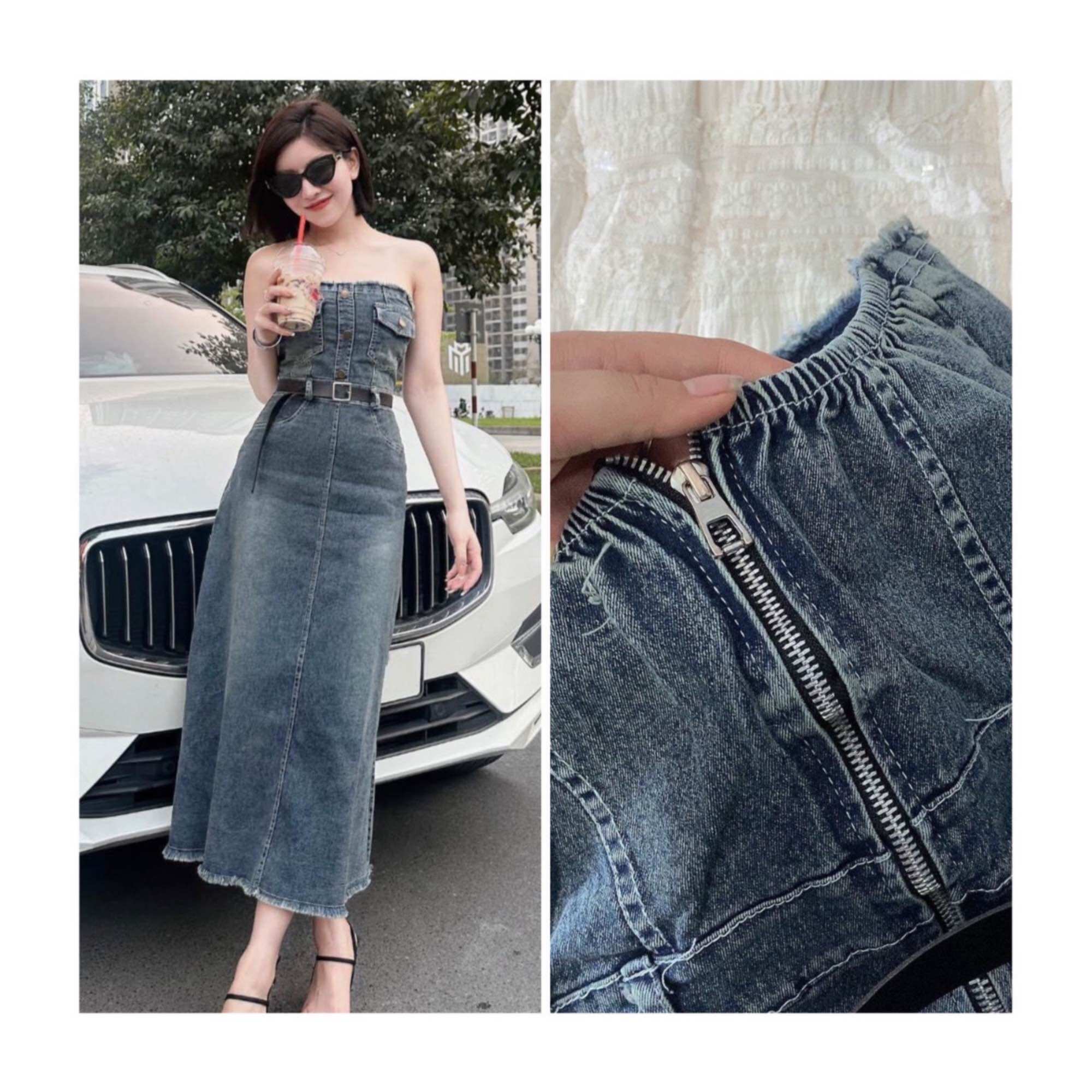 Đầm Jean ống đan dây lưng, Váy Bò xoè cá tính