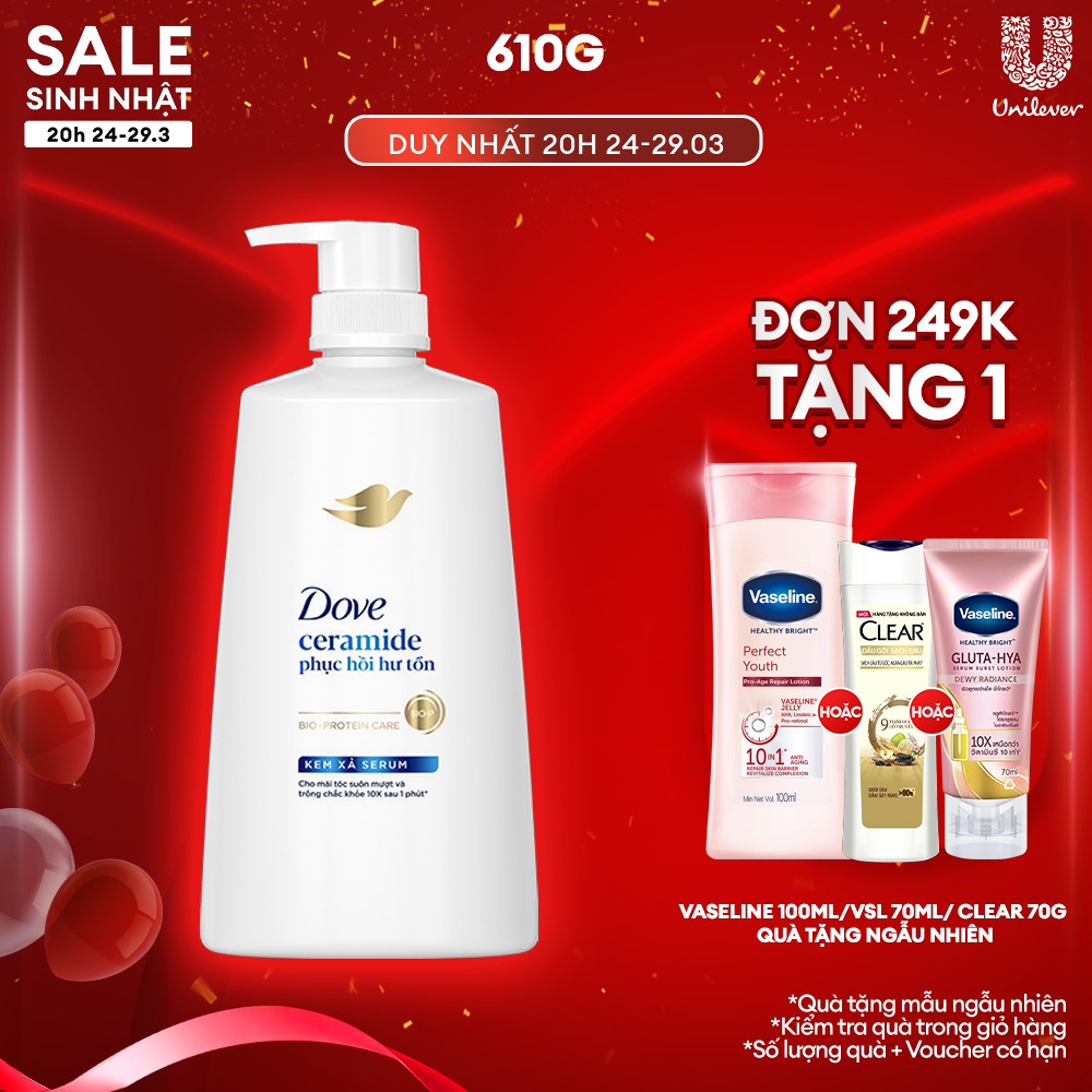 Kem xả Serum Dove Phục hồi hư tổn/Ngăn gãy rụng với BIO Protein Care phục hồi hàng rào bảo vệ cho tóc suôn mượt 610g