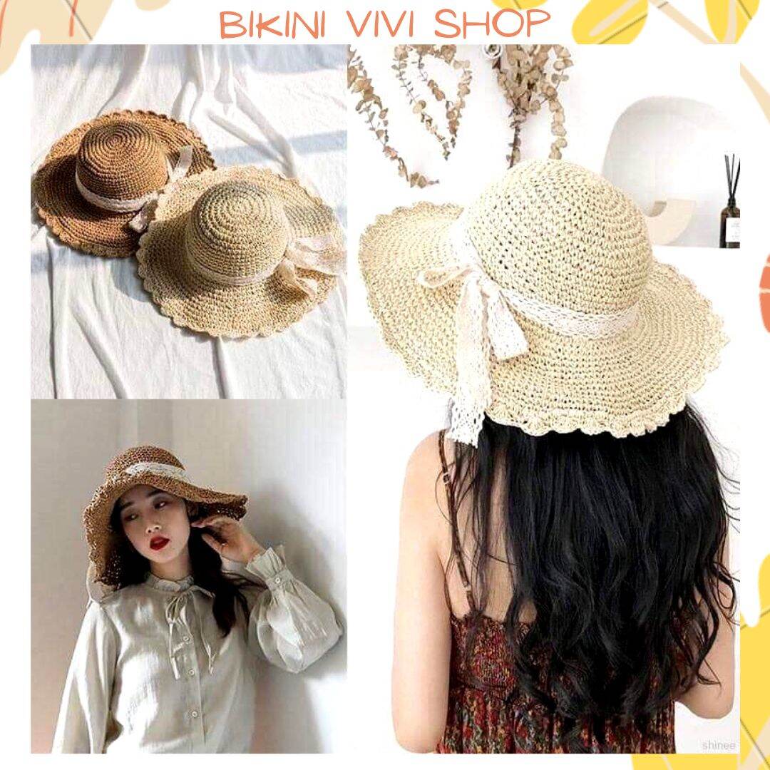 Mũ cói, nón đi biển vành mềm kèm nơ màu kem, nâu