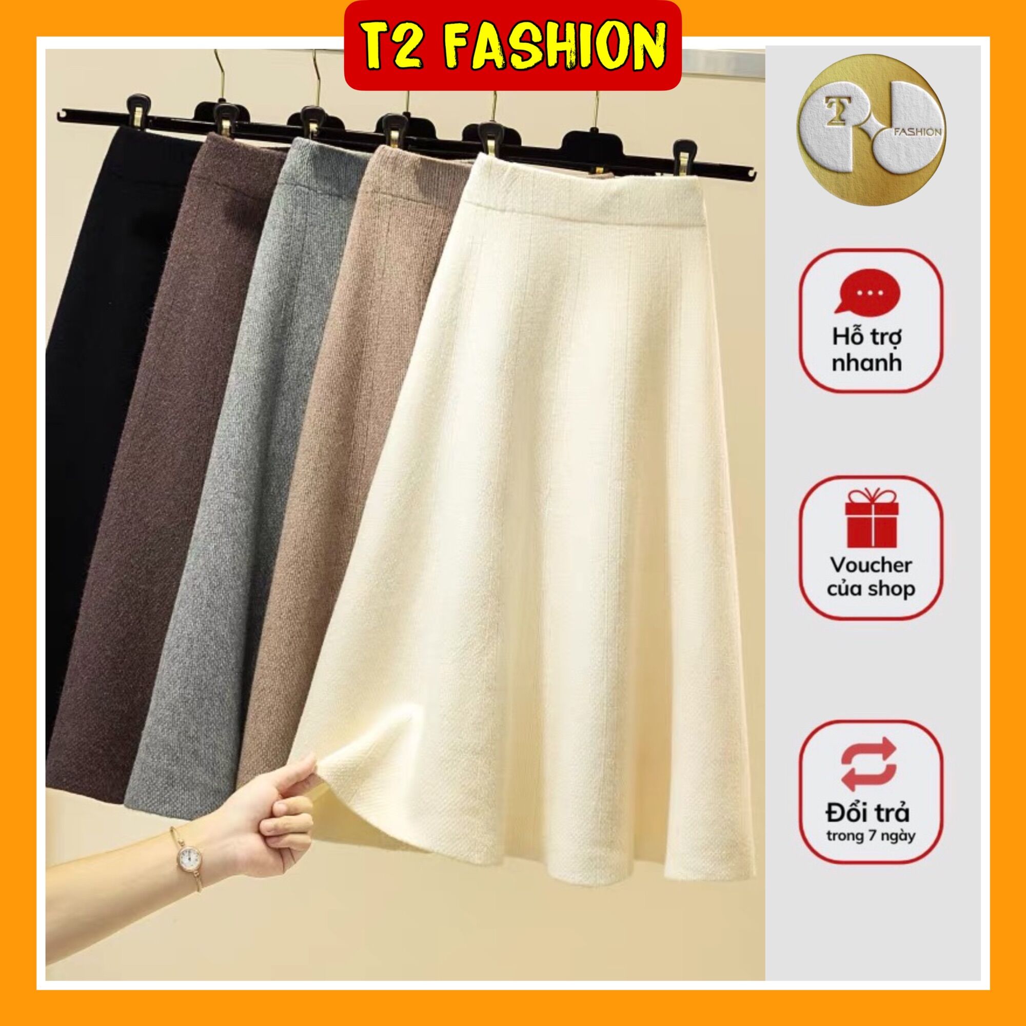 Chân váy len xoè cạp cao hot trend