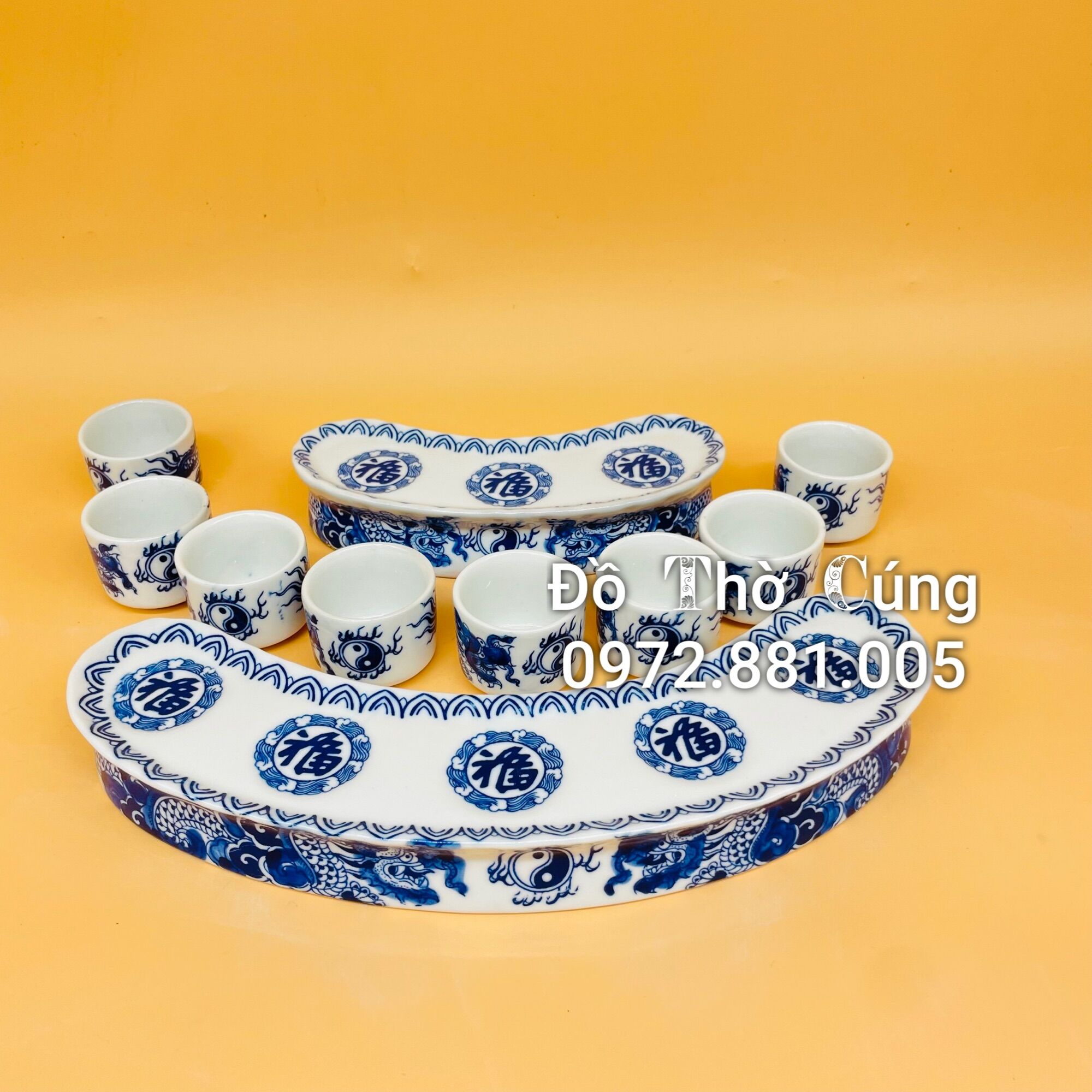 Bộ kỷ chén thờ men lam , hàng 3D vẽ kĩ  (T. A)