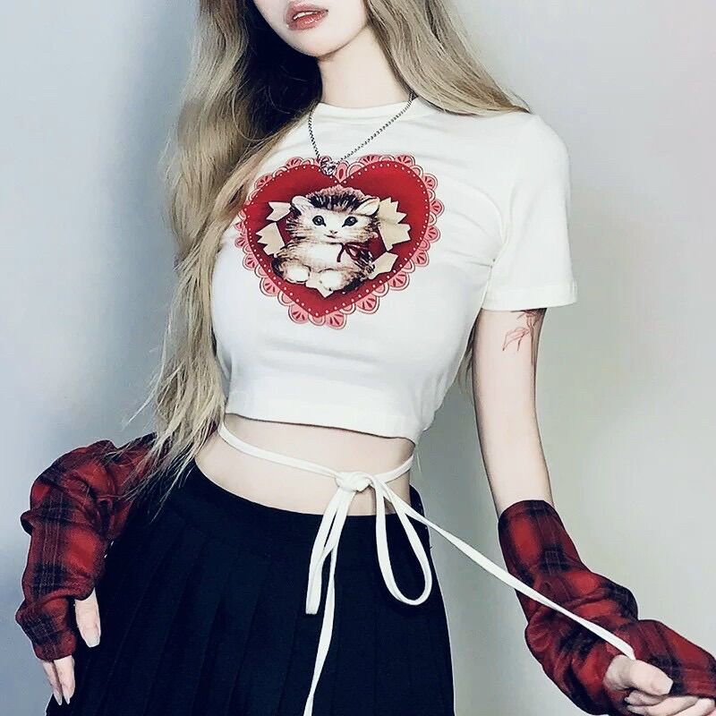 Áo croptop trái tim mèo quấn eo BG