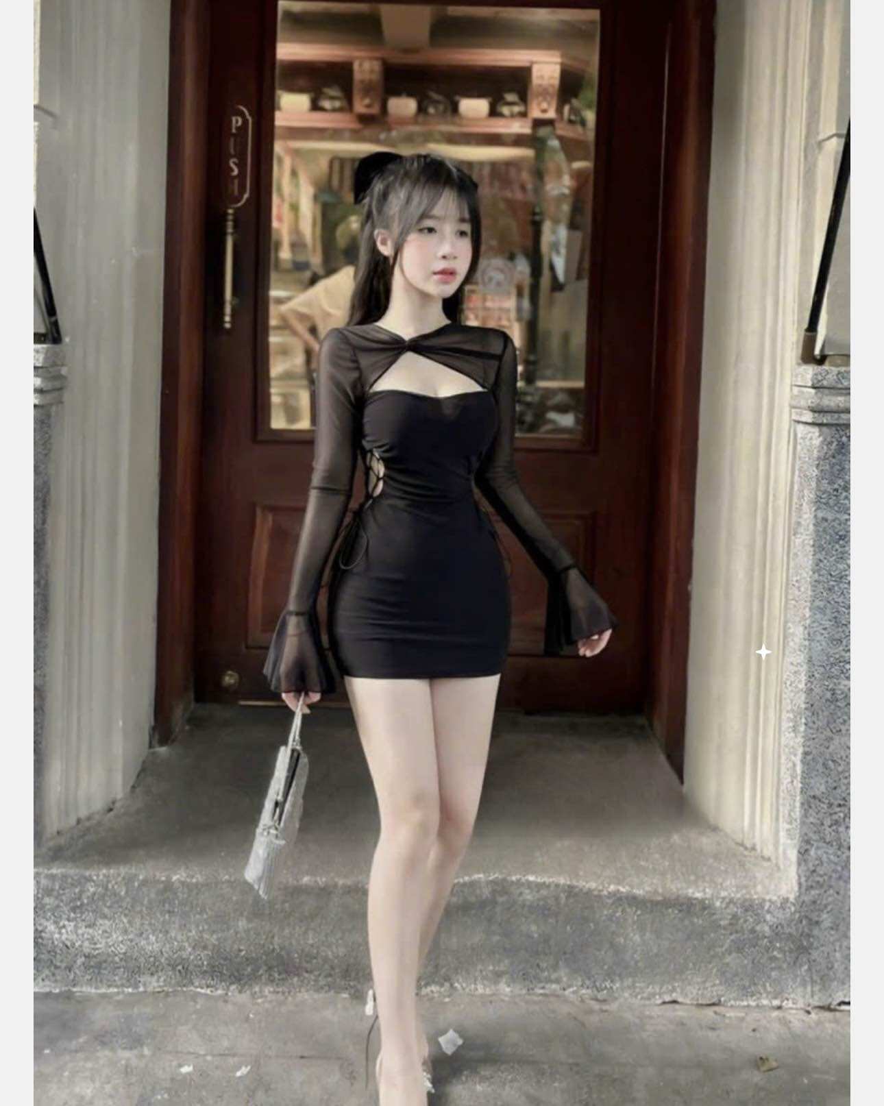 Váy body phối lưới rút dây eo