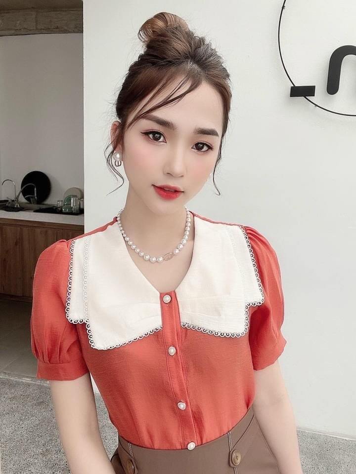 A22- - áo sơ mi nữ tay phồng phối cổ