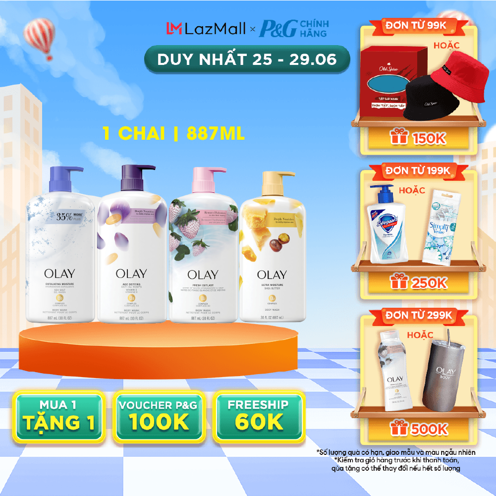 [MUA 1 TẶNG 1 QUÀ] Sữa tắm OLAY Body Wash 887ml/975ml Nhiều Mùi Hương Strawberry & Mint/ Shea Butter/ Age Defying/ Birch Water & Lavender/ Sea Salts - Nhập khẩu Mỹ