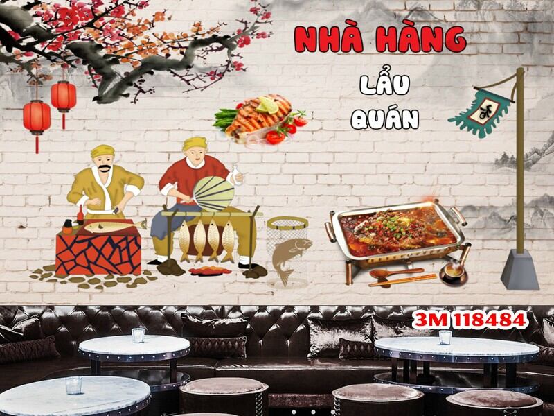 Tranh dán tường 3d dán trang trí nhà hàng quán lẩu có keo sẵn