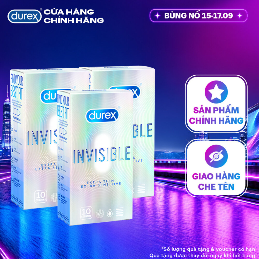 Bộ 3 hộp bao cao su Durex Invisible siêu mỏng, size 52mm, hộp 10 bao