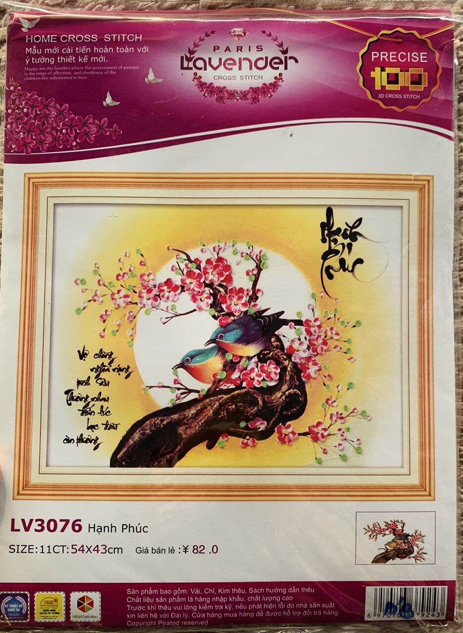 Tranh thêu chữ thập hạnh phúc đôi chim sẻ Lv3076 KT 54x43cm