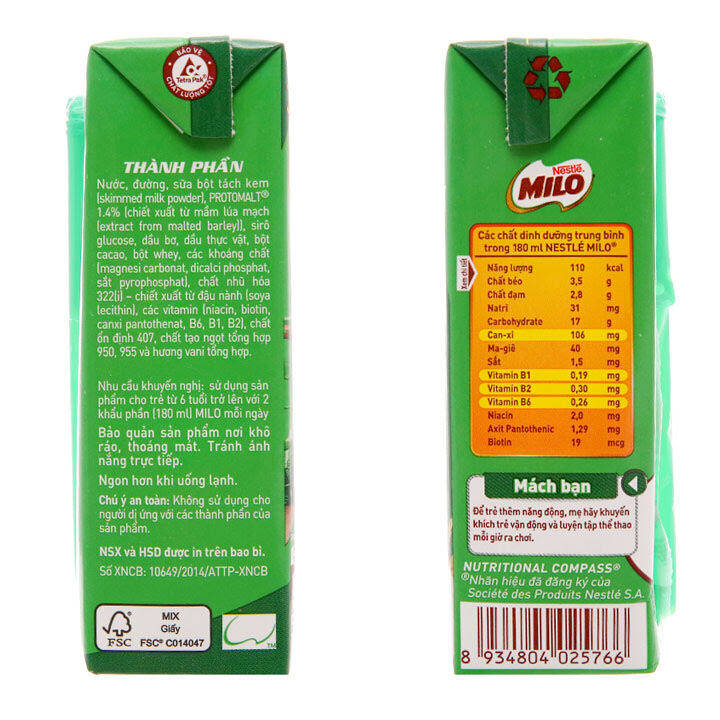 SỮA MILO CÓ ĐƯỜNG LỐC 4 HỘP - 180ML