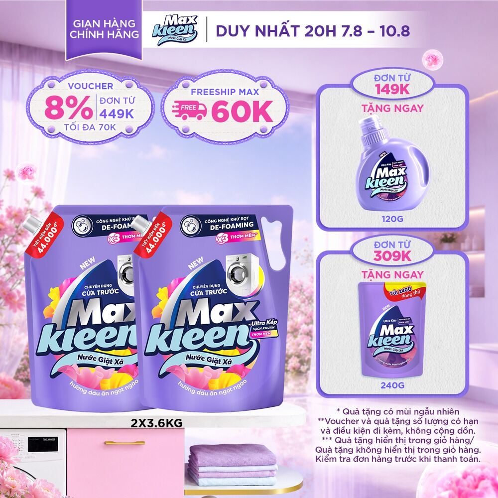 Combo 2 Nước giặt cho máy giặt cửa trước MaxKleen hương Dấu Ấn Ngọt Ngào 3.6kg