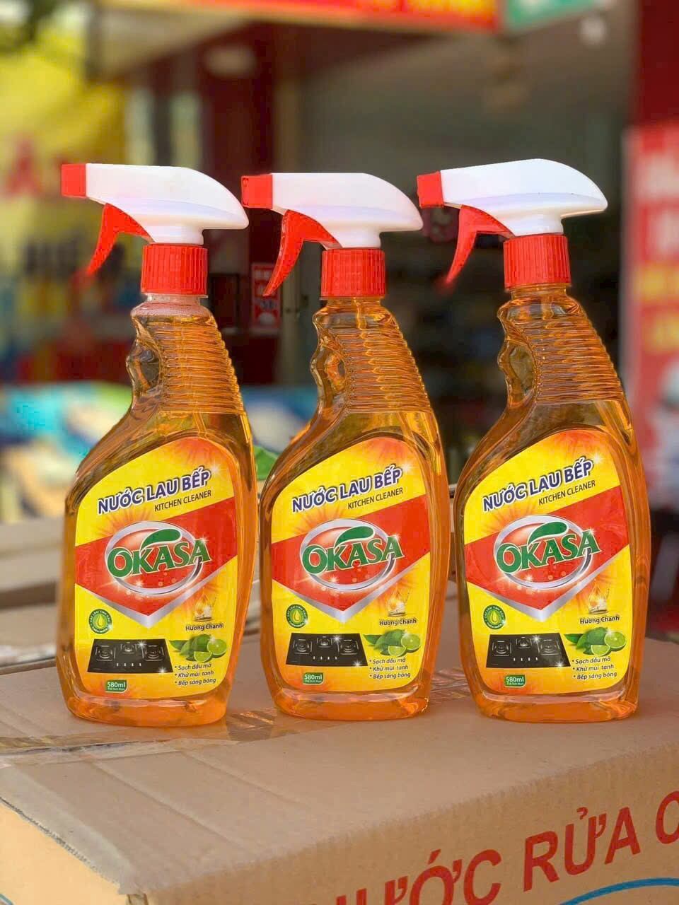 (Combo 3chai) Nước lau bếp Okasa 580ml hương chanh đánh bay dầu mỡ khử mùi tanh sạch bóng loáng