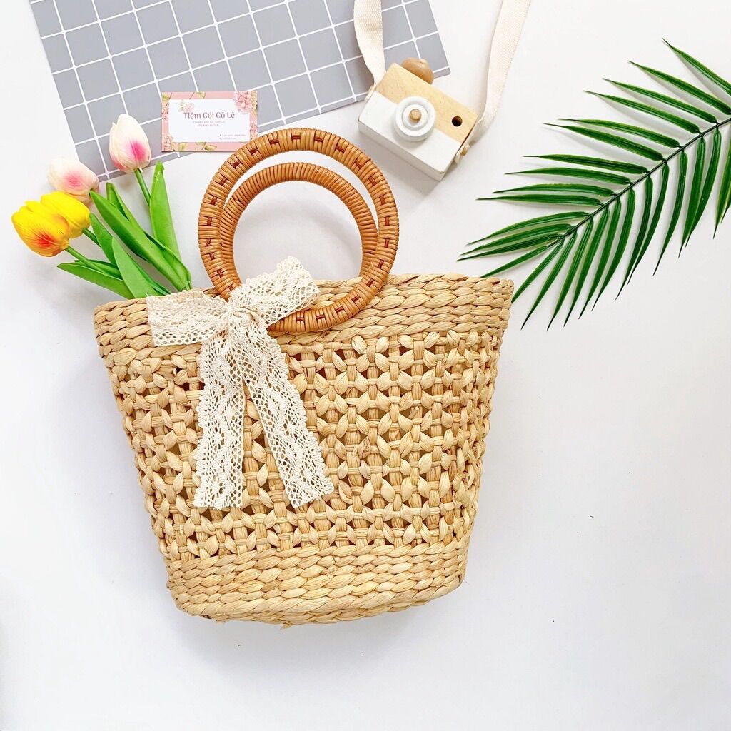 Túi lục bình đan hoa thị đi biển chụp ảnh áo dài xinh xắn - tiệm cói cô lê