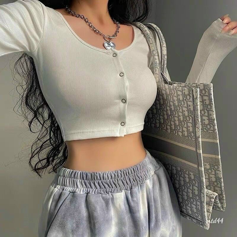 Áo nút bấm tay dài thun gân - áo thun nữ cúc bấm