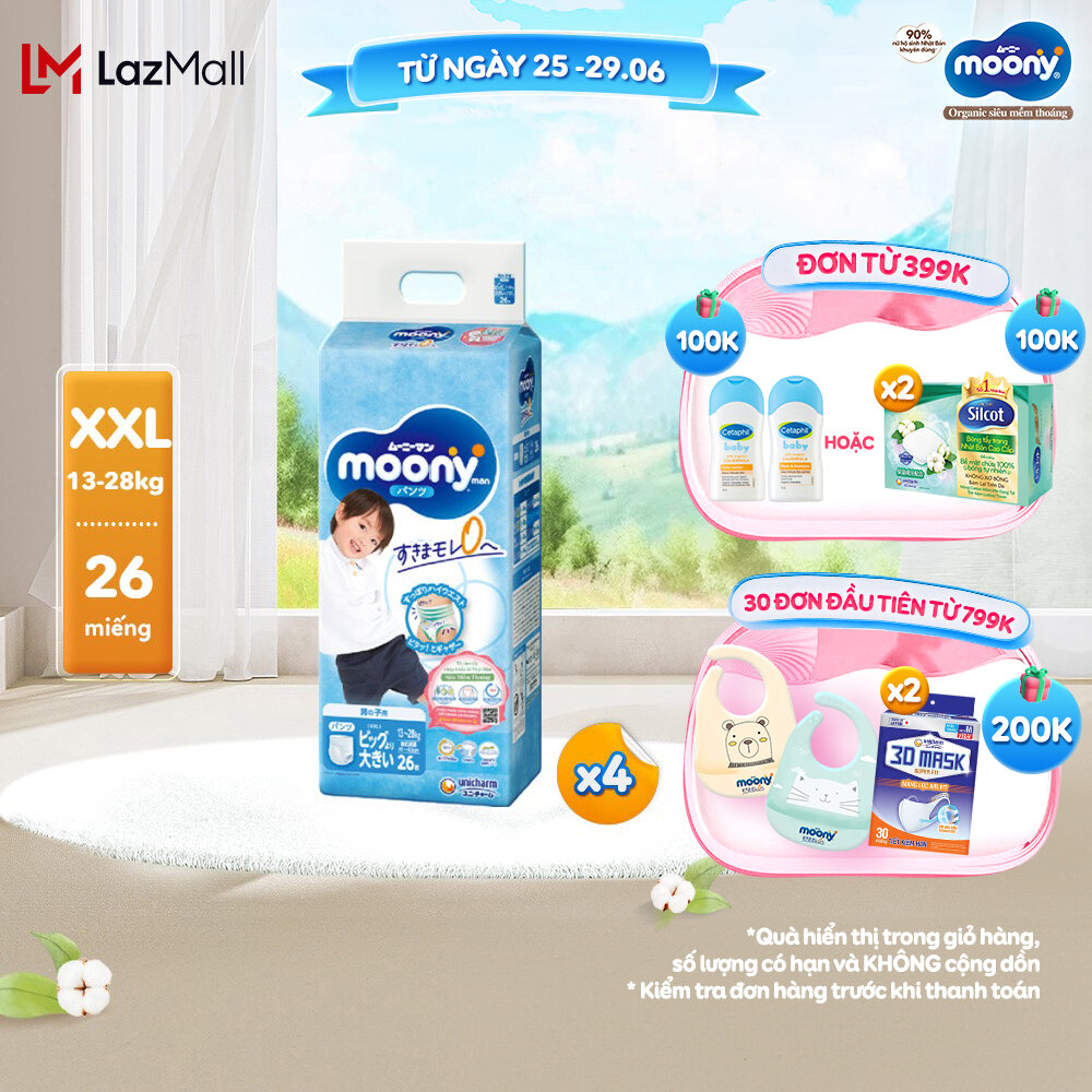 Combo 4 Tã/Bỉm quần cao cấp Moony Blue XXL26 bé trai