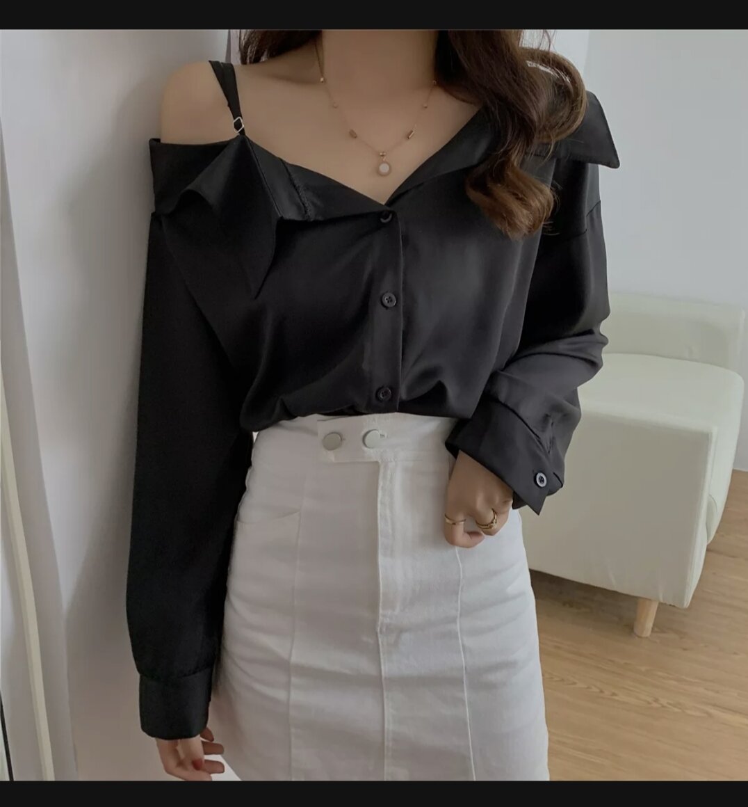 áo sơ mi lụa  nữ lệch vai fom thụng, áo sơ mi lụa