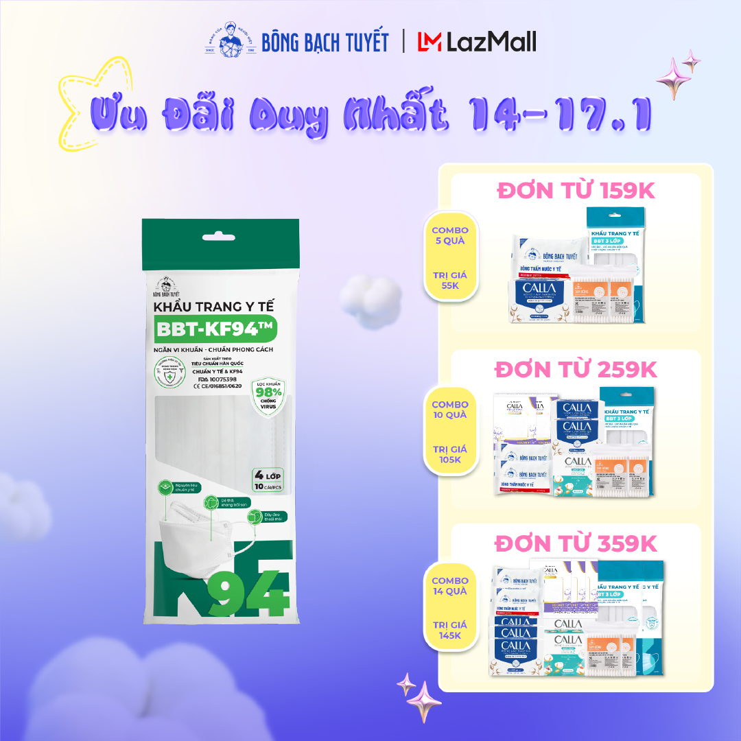 Khẩu trang Bông Bạch Tuyết KF94 4 lớp trắng (10 cái/gói)