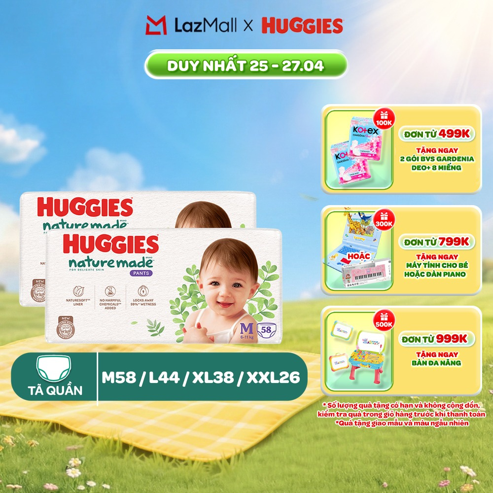 Combo 2 Tã/Bỉm quần Huggies NatureMade M58/ L44/XL38/XXL26/XXXL28