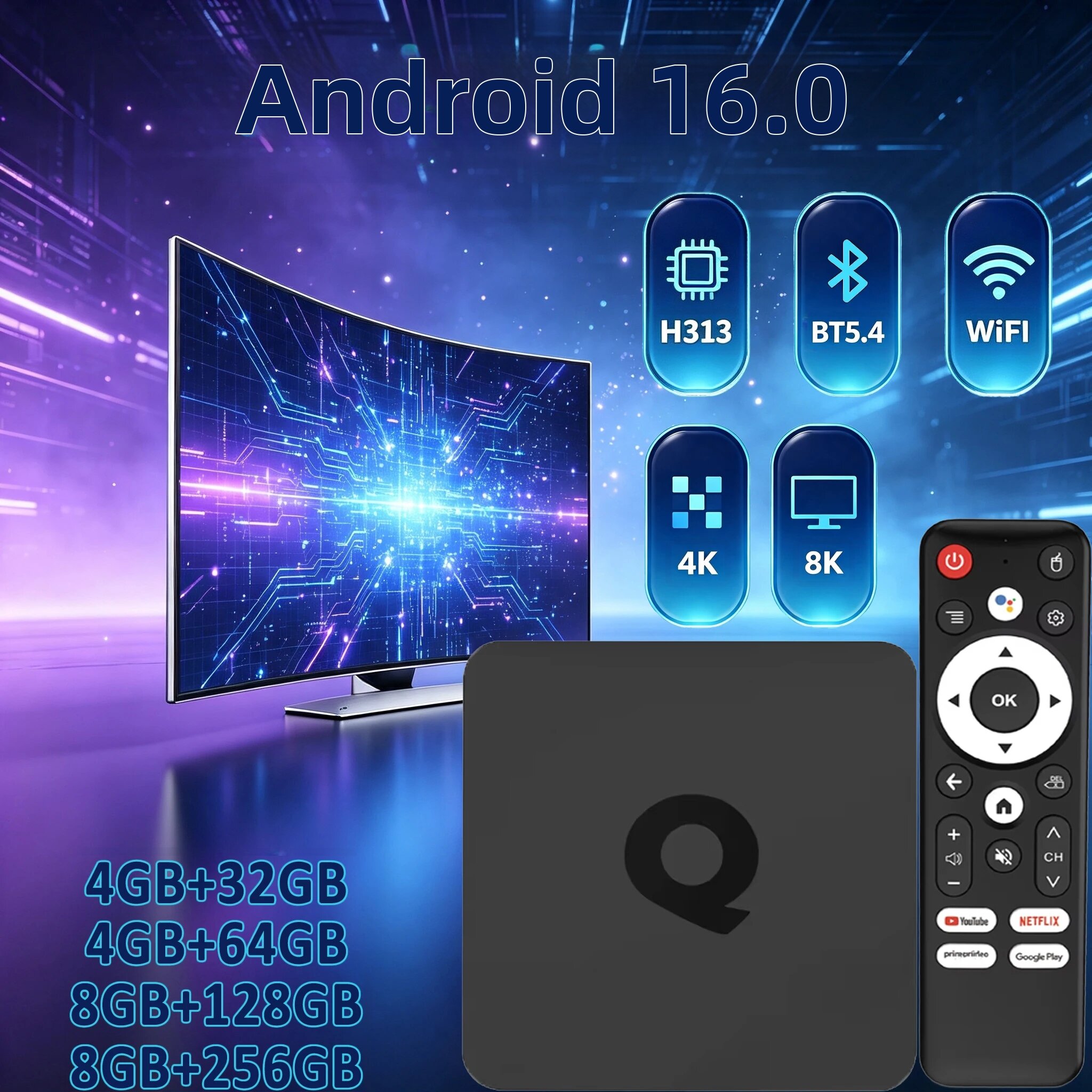 Hộp Giải Mã Truyền Hình Thông Minh Android 16 8G 256G Q1 Wifi Kép 4K 8K BT5.4 Điều Khiển Bằng Giọng Nói Google Play Netflix Trình Phát Đa Phương Tiện Gia Đình Với Đầu Ra HDMI 2.0 Tương Thích
