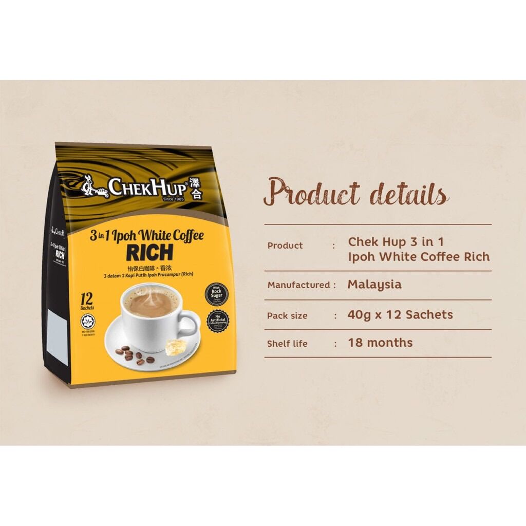 Cà Phê Trắng Chek Hup White Coffee 3 in 1 Extra Rich - Đậm Cà Phê