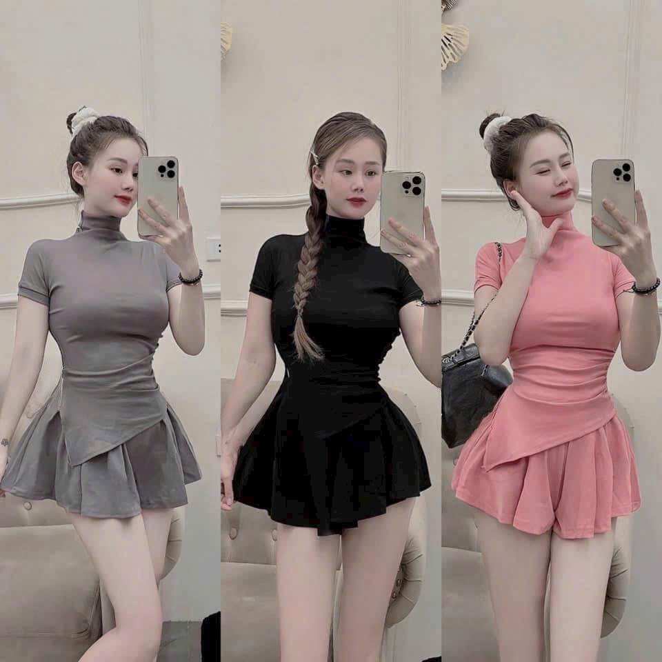 Set áo cổ lọ vạt nhọn kèm chân váy xòe tăm lạnh - Bộ 2 món áo cổ lọ tà nhọn kèm chân váy