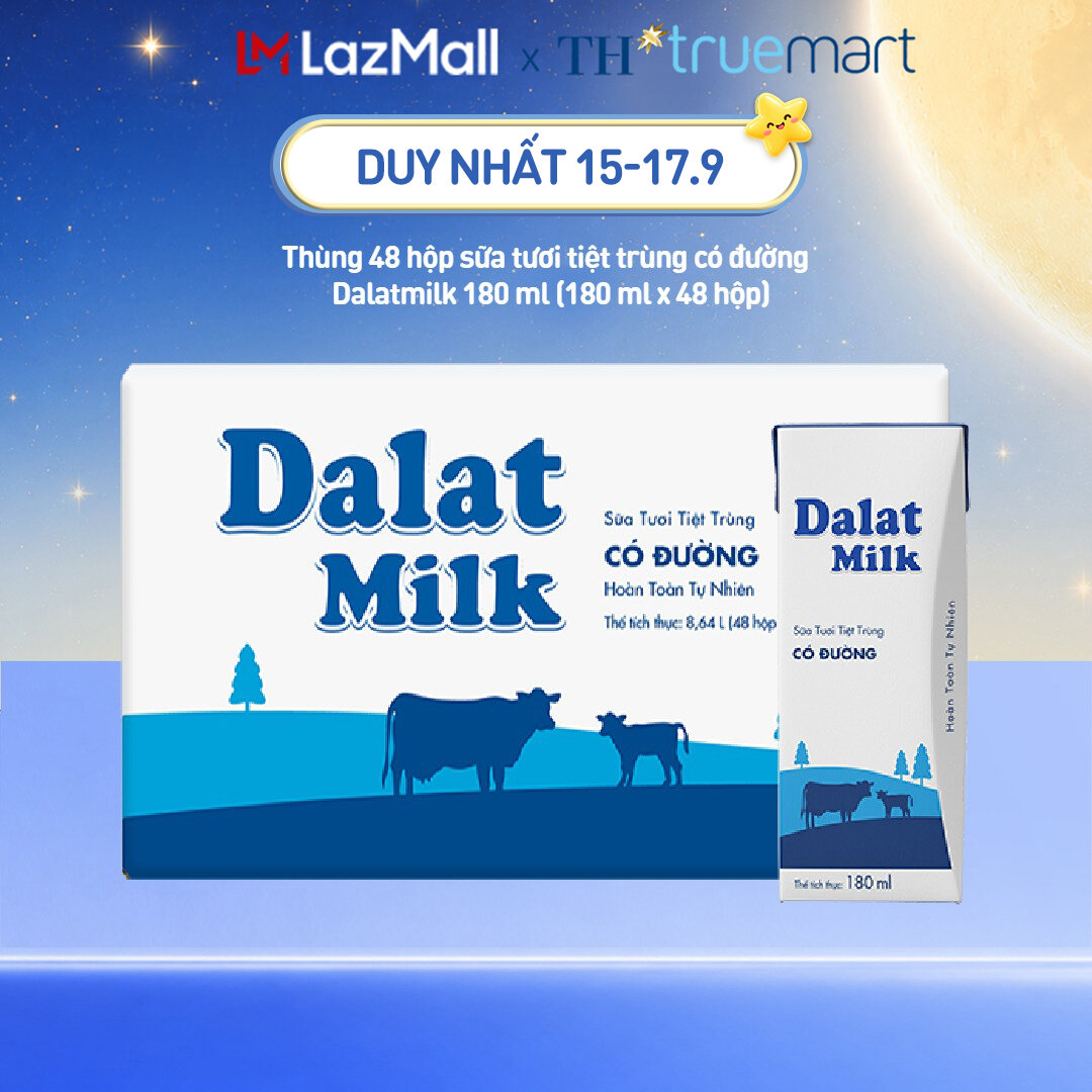 Thùng 48 hộp sữa tươi tiệt trùng  Dalatmilk có đường 180 ml (180 ml x 48)