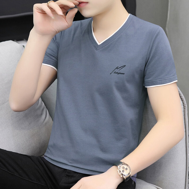 Áo Thun Nam Tay Ngắn Áo Thun Cổ Tim Chữ V 2023 Cotton Cho Thanh Niên Áo Thun Dễ Phối Thời Trang