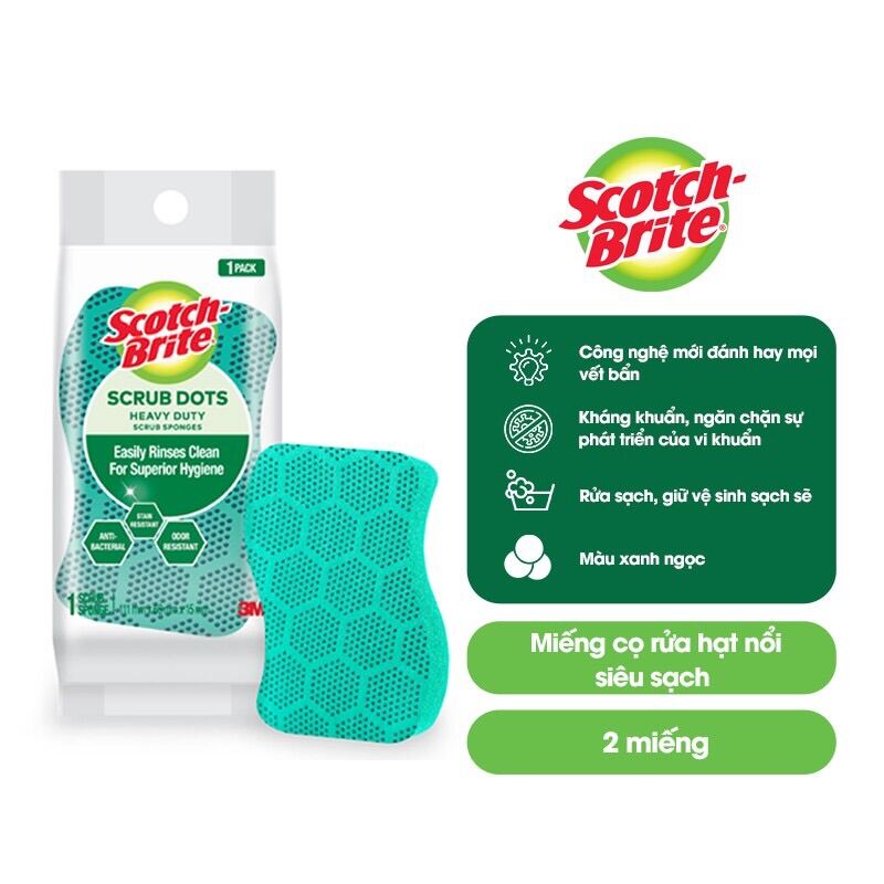 3M Combo 2 Miếng rửa chén hạt nổi siêu sạch Scotch-Brite 3M đa năng, mút kháng khuẩn, không bám cặn bẩn gây mùi màu xanh