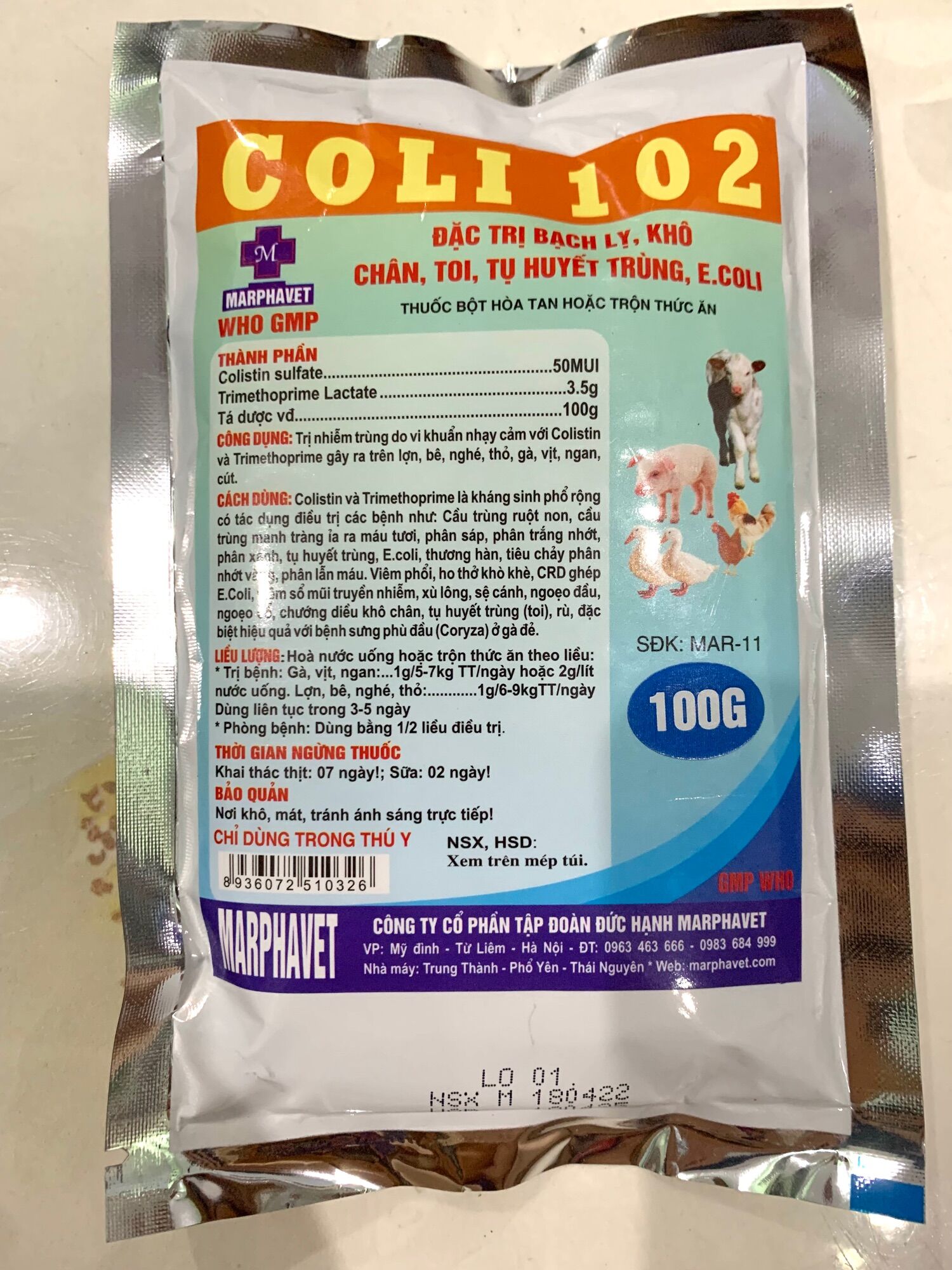 Coli 102 100 gram bệnh cầu trùng, phân xanh, phân trắng, chết toi, bạch lỵ.