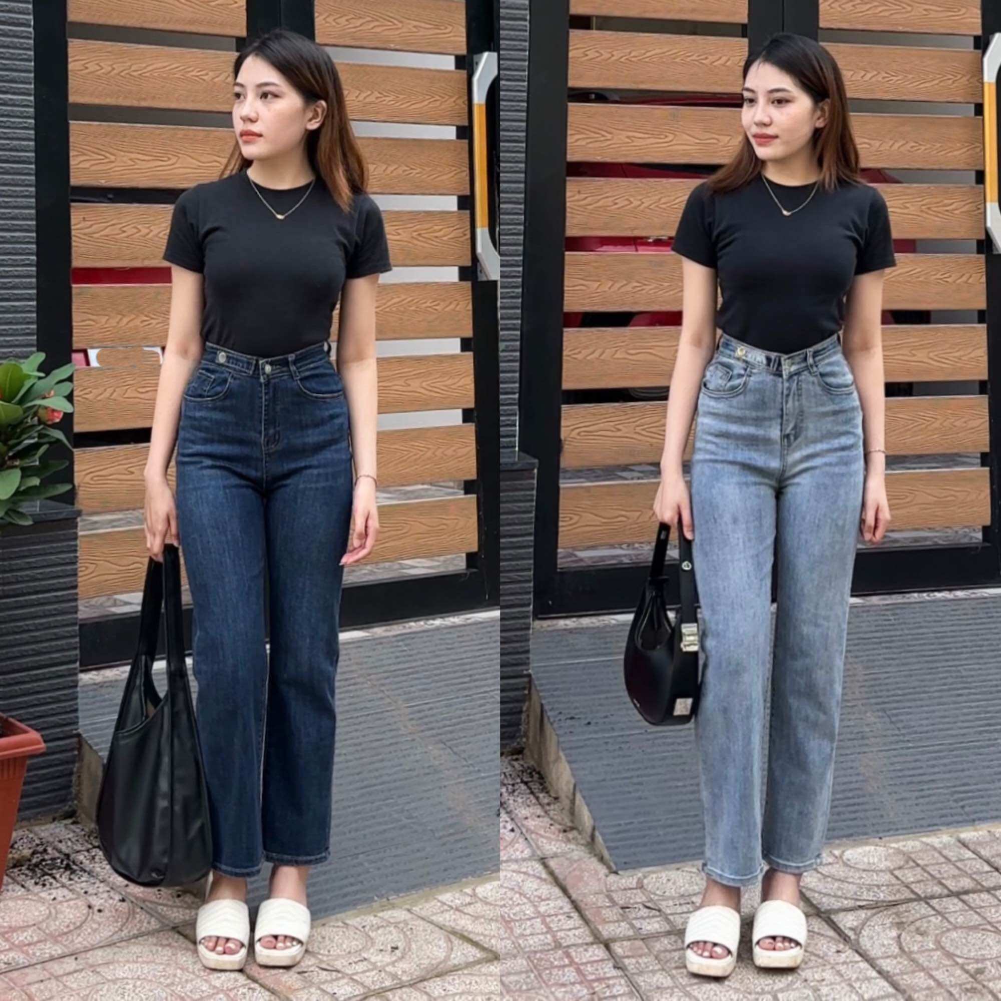 Quần jean ống đứng 2 nút kiểu lai cuốn lưng cao co giãn