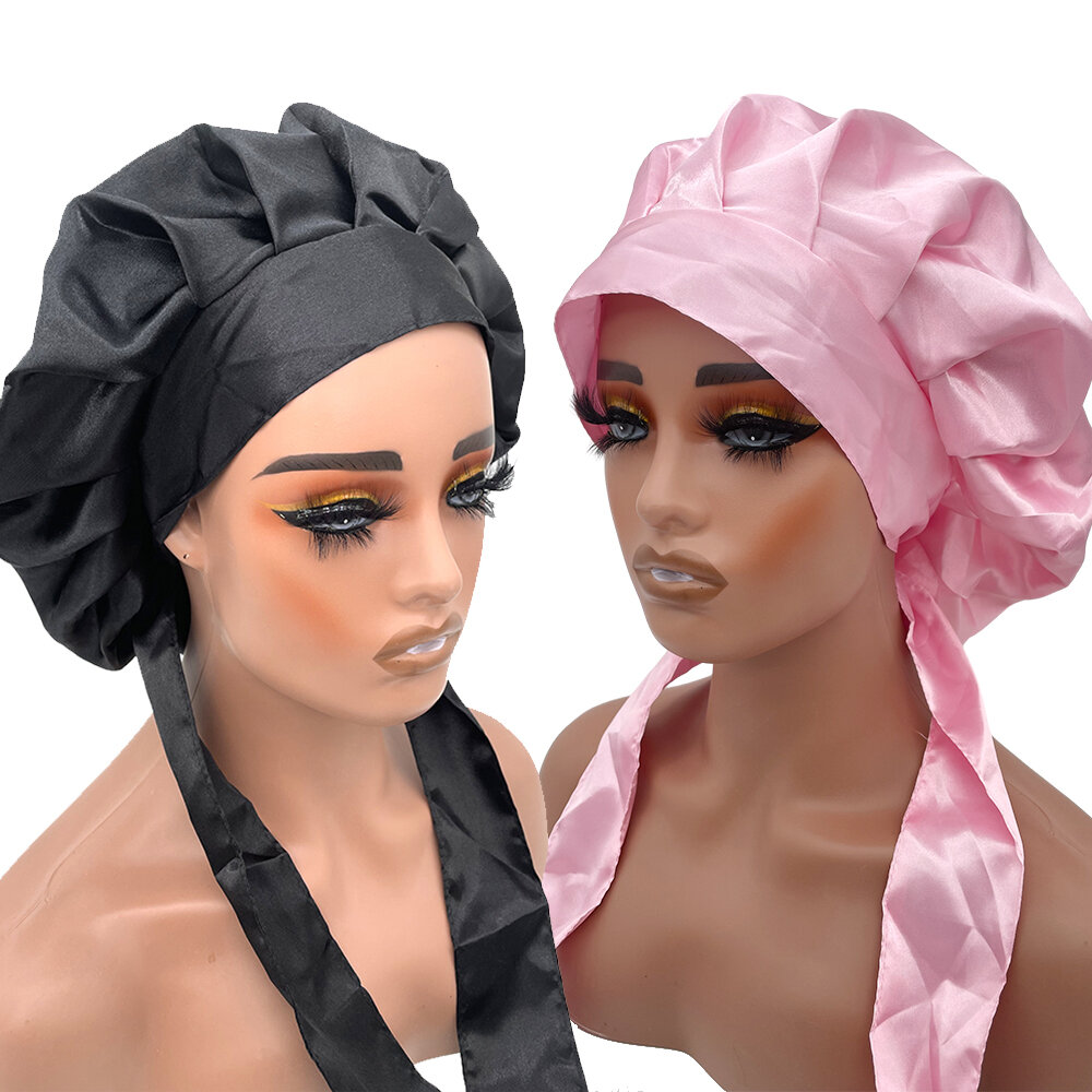 Nữ satin thắt nơ bonnet 2 lớp với thắt nơ viền khăn quấn lụa ngủ nắp tóc bonnet cho tóc xoăn