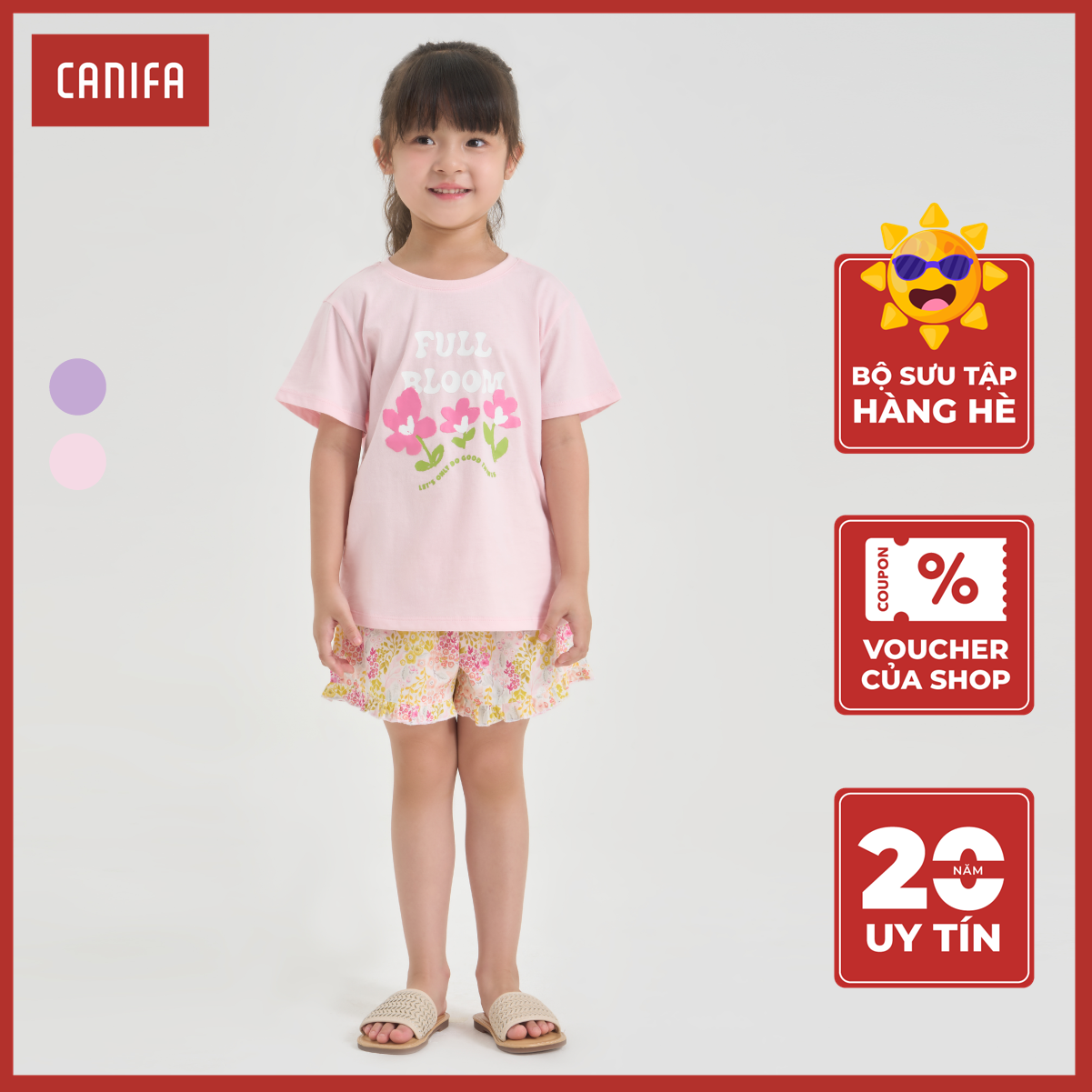 Bộ quần áo bé gái canifa mặc nhà cotton cộc tay quần soóc 1ls24s008