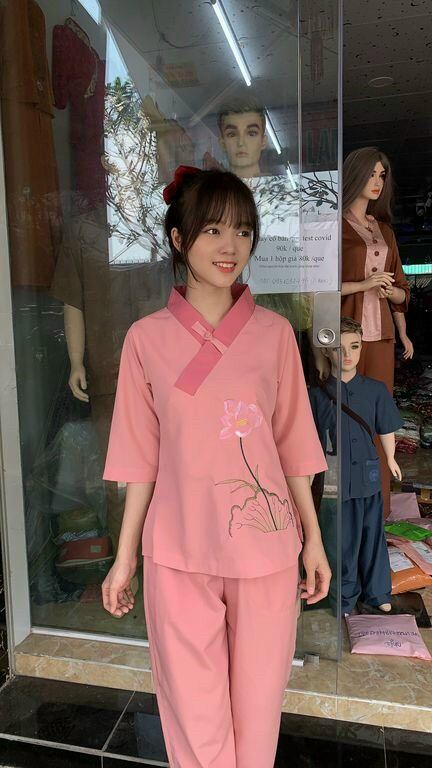 Đồ lam đi chùa - mẫu kate- tixi 1 nút thêu sen