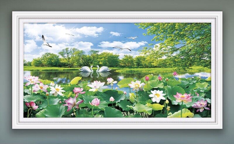 Tranh đính đá hồ sen thiên nga lg1405 kt 120x63cm