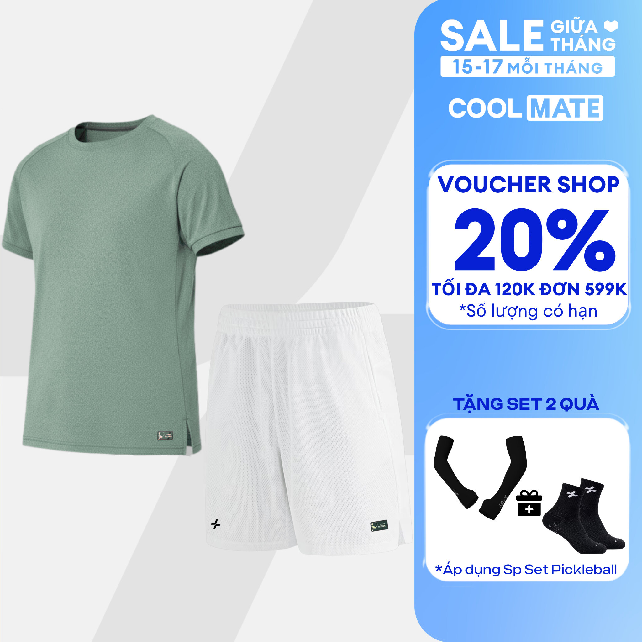 [TẶNG SET 2 QUÀ]Set đồ bộ thể thao nam Pickleball Áo thun Drive shot và Quần short Exdry Essentials Nhanh khô,Thoáng Khí,Thấm hút Coolmate