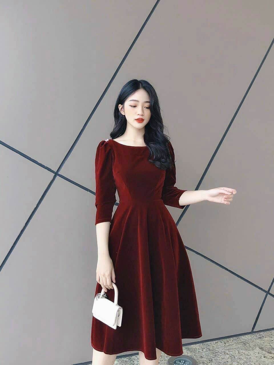 Váy nhung cho nữ dáng xòe cực đẹp