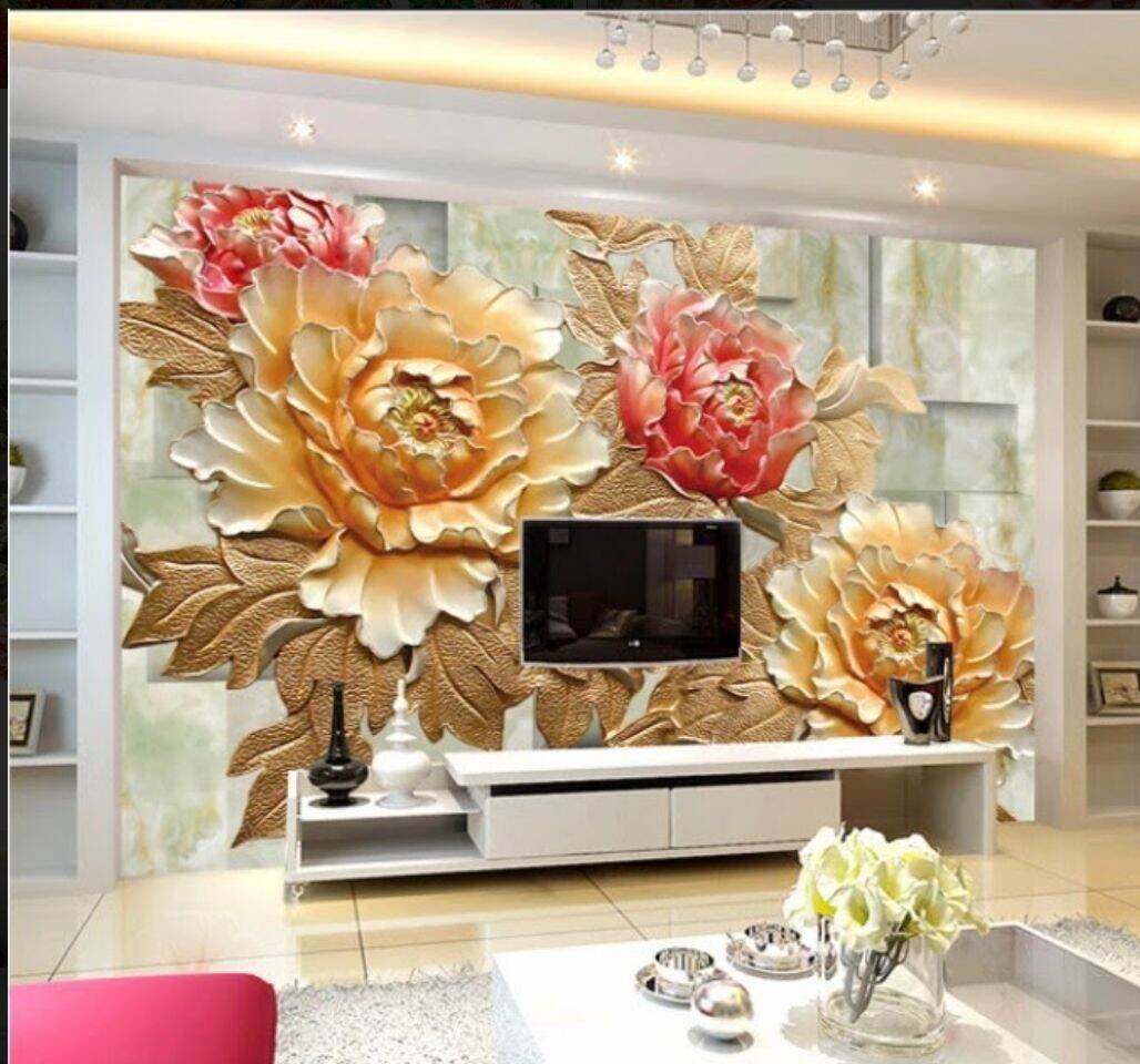 Tranh lụa 3d dán tường phòng khách, tranh hoa mẫu đơn KT 1m2 x 0.8m