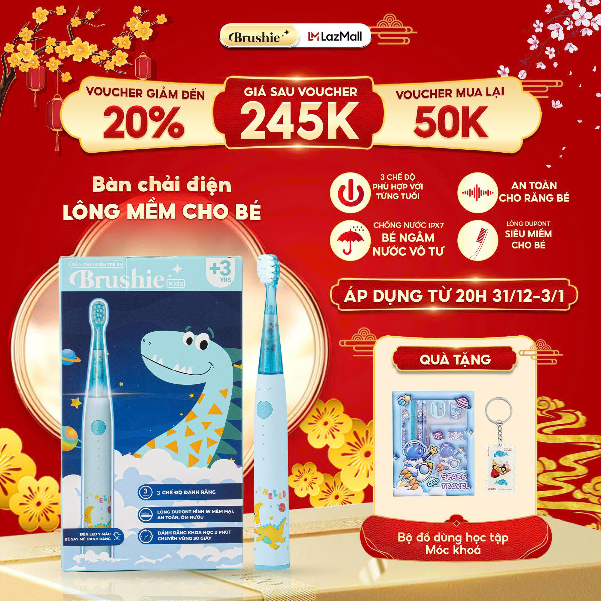  Bàn chải điện cho bé BRUSHIE KIDS bàn chải điện trẻ em đầu lông chải mềm mượt 3 chế độ làm sạch răng an toàn - Hàng chính hãng 