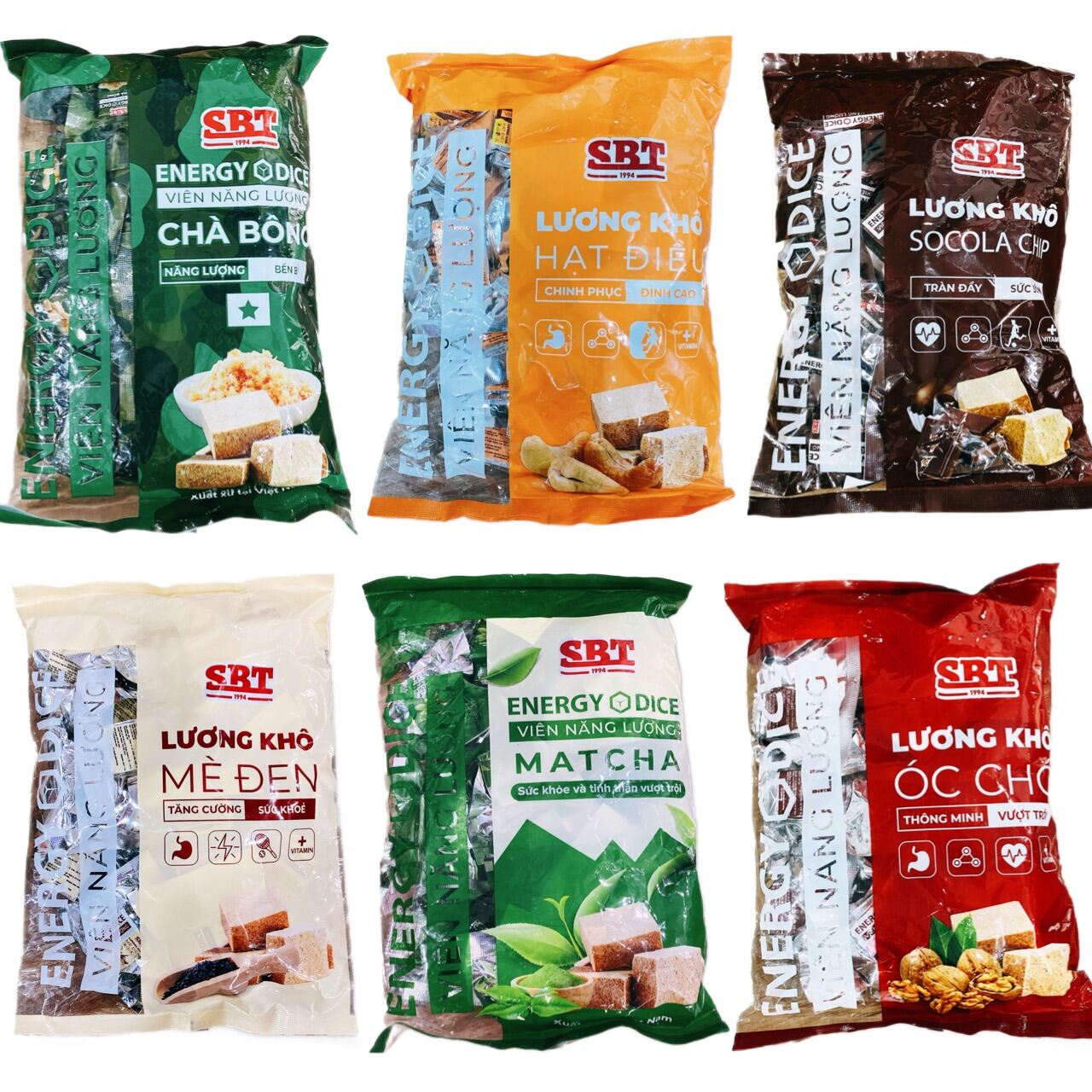 [ LƯƠNG KHÔ - CUNG CẤP NĂNG LƯỢNG ] Combo 5 bịch ( mỗi bịch 300g- khoảng 21 viên) lương khô năng lượng chà bông, mè đen, óc chó, socola chip, hạt điều, matcha - sản xuất bởi công ty SBT (Date mới 12 tháng) Có lựa chọn từng bịch