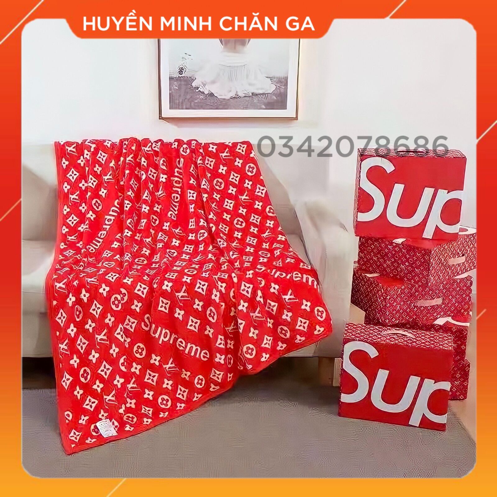 Chăn lông tuyết thương hiệu supreme x lv có hộp - huyền minh chăn ga