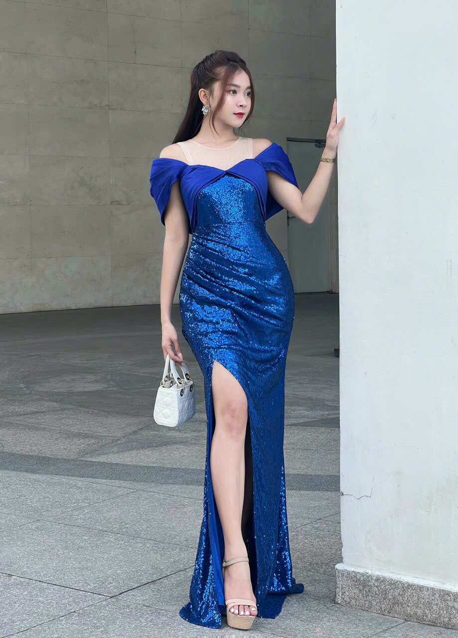 Đầm dạ hội kim sa rớt vai