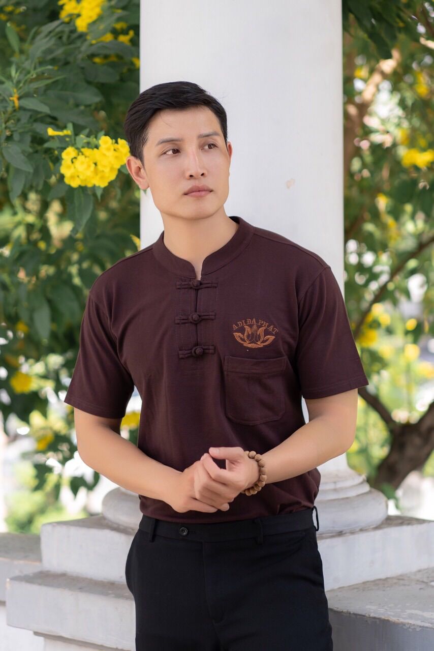 Áo lam đi chùa cho nam vải thun cá sấu nâu và xám