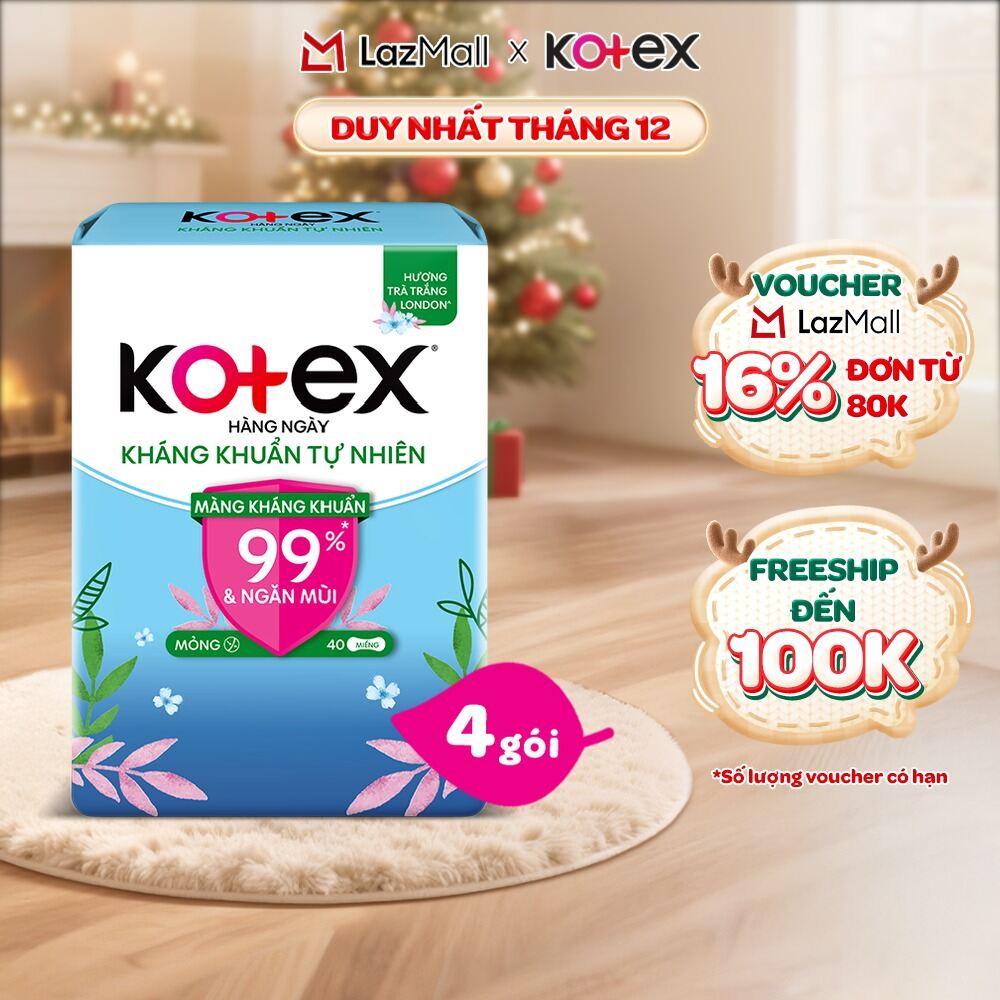  Combo 4 gói băng vệ sinh Kotex hằng ngày kháng khuẩn không cánh  40M gói  