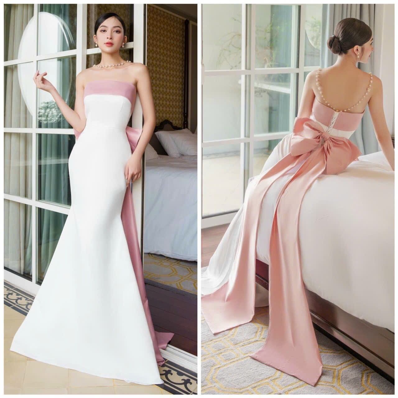 Đầm body dạ hội đuôi cá đính nơ phối màu đẹp mê ly, dự tiệc Event siêu sang chảnh quý phái, mix mẫu cô dâu xuất sắc - Mẫu đầm dạ hội thiết kế MNQ56