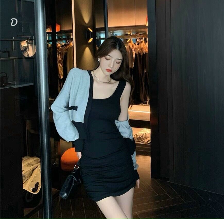 Set 2 Món Đầm Gân Kèm Cardigan Phối Viền
