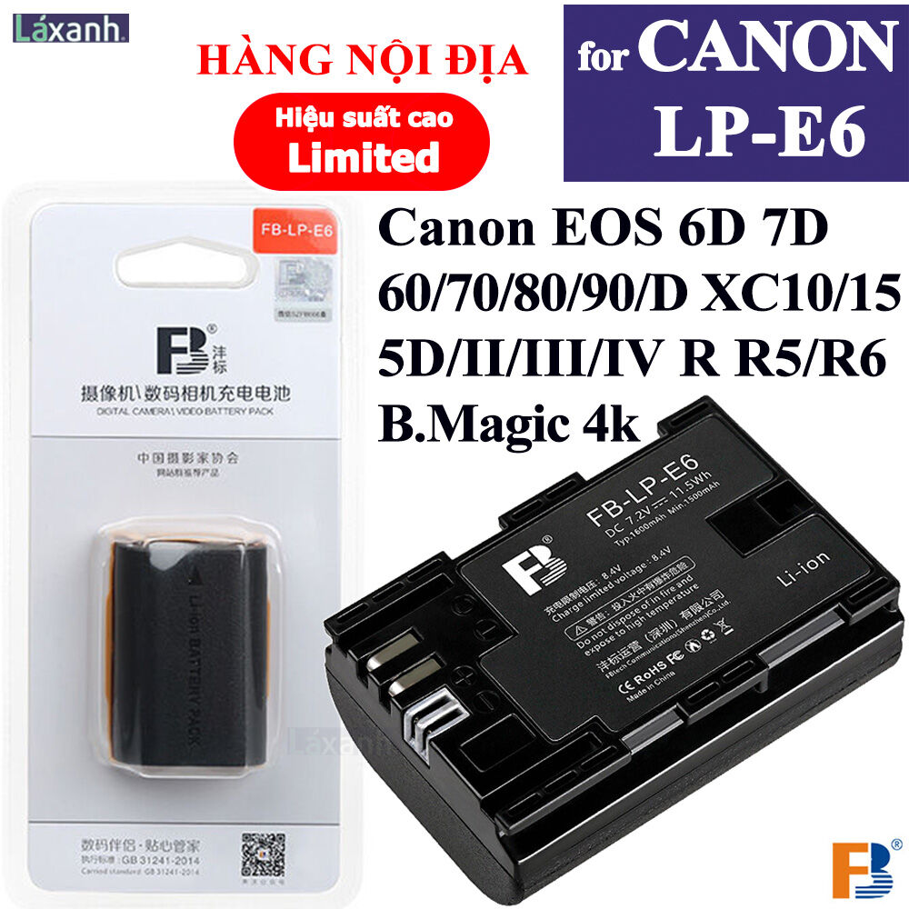 Pin máy ảnh fb lp-e6nh lp-e6 canon eos r r5 r6 5d2 5d3 5d4 6d 6d2 7d 60d 70d 80d 90d xc10 xc15 black magic 4k 6k canon lpe6 e6