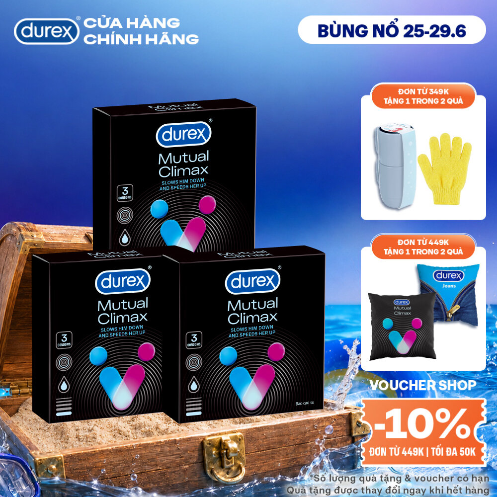 [SẢN PHẨM MỚI] Bộ 3 bao cao su Durex Mutual Climax kéo dài thời gian và gân gai, size 52.5 mm, hộp 3 bao