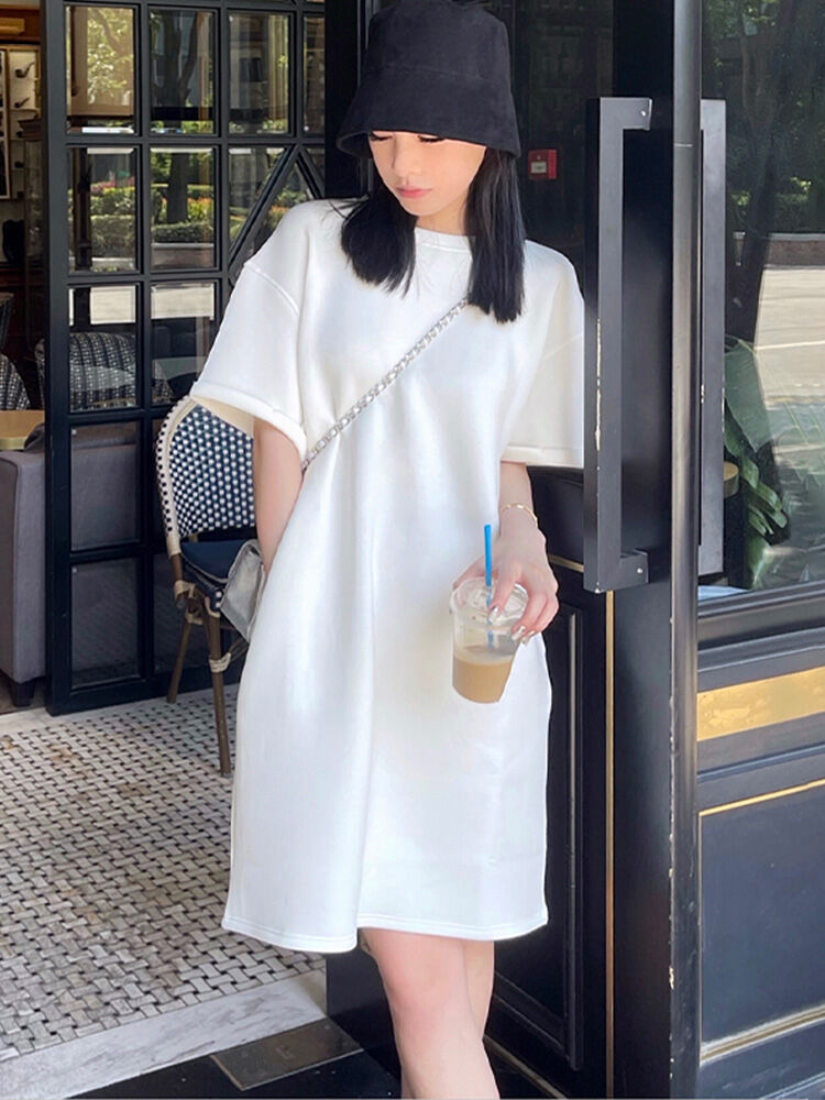 Váy Liền Màu Trắng Váy Thun Cho Người Lười Thường Ngày Mẫu Mới 2023 Đơn Giản Mẫu Dài Vừa Tôn Dáng Gầy Rộng Rãi Mùa Hè Cảm Giác Cao Cấp Cho Nữ